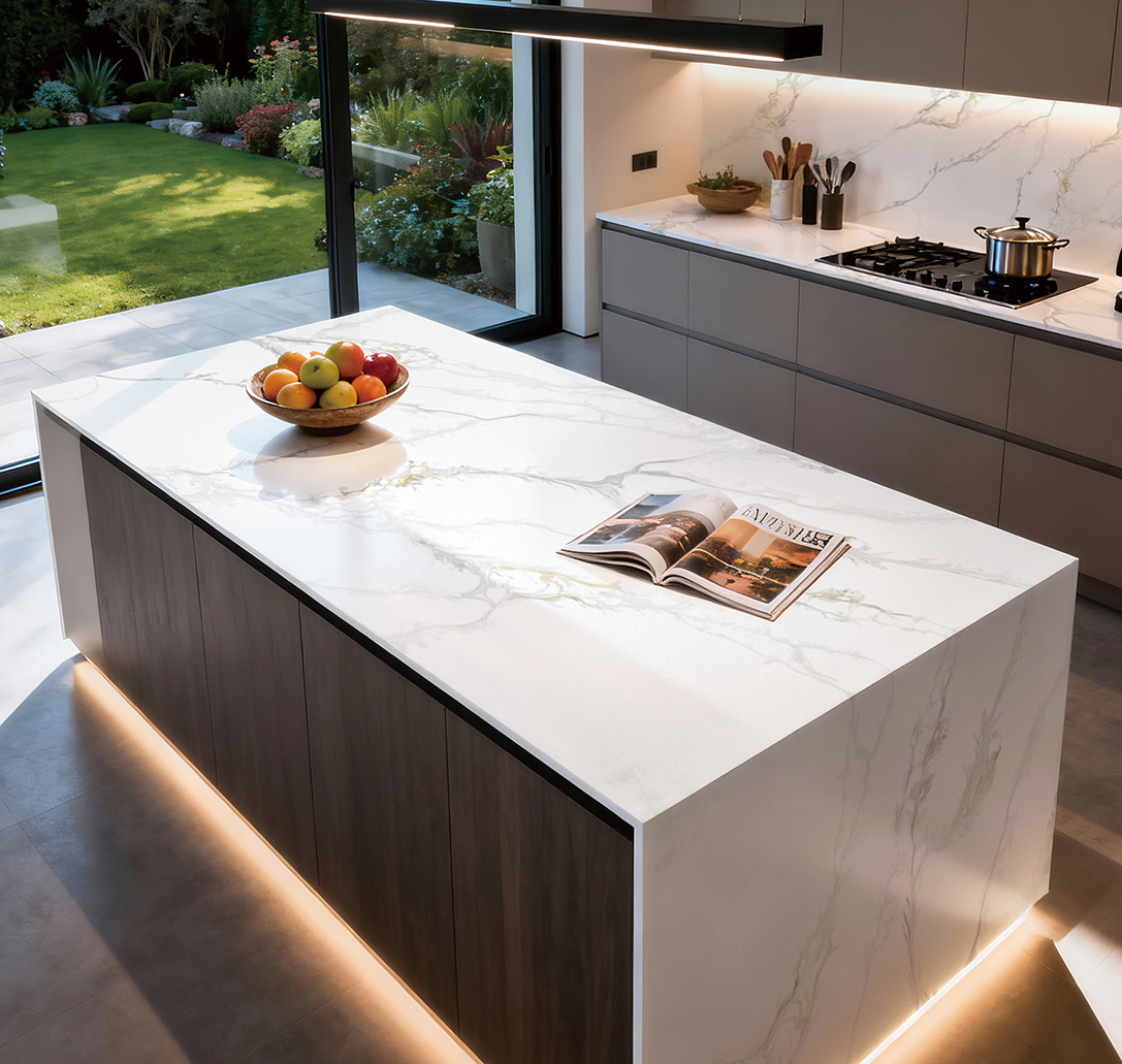 Luxury kitchen with Calacatta Monarch quartz countertop island featuring backlit cabinetry